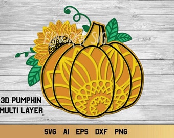 Calabaza SVG, Otoño SVG en capas 3D, Girasol SVG 7 capas.