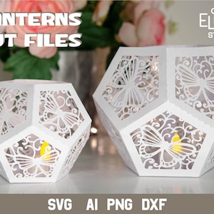 蝶の提灯 SVG、3D SVG 五角形提灯、夏の蝶のキャンドルホルダー。