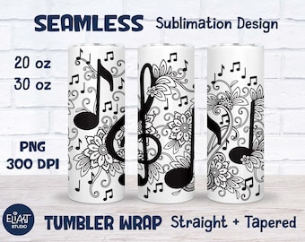Treble Clef Tumbler Sublimation, Floral Music Note Seamless Tumbler Wrap, Straight and Tapered Tumbler Sublimation.