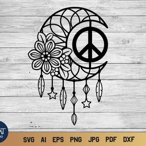 Boho Dreamcatcher SVG, Dream Catcher SVG ze znakiem pokoju, Moon Dreamer SVG.