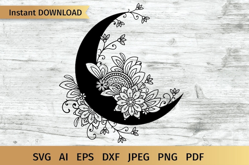 May include: A black crescent moon with intricate floral designs in a white outline. The design is reminiscent of a mandala.