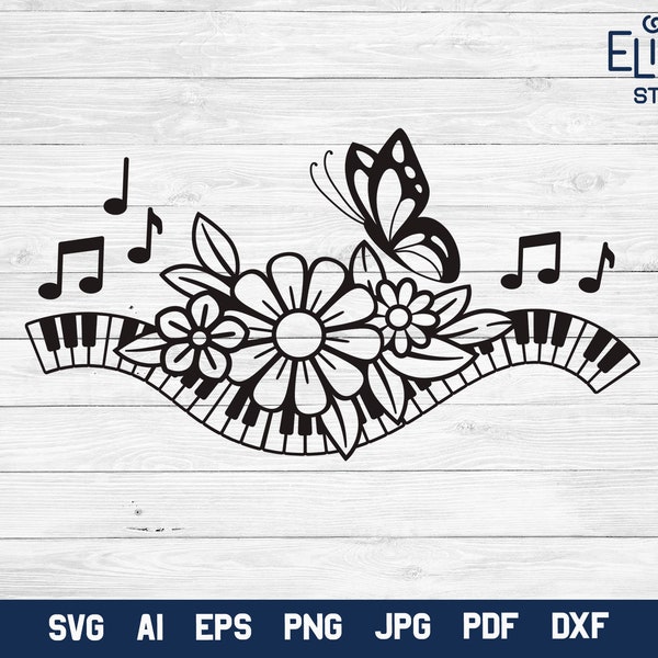 Music Keyboard SVG Design, Butterfly with Music Notes, Butterfly PNG Floral Illustration.