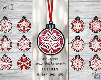 May include: A collection of red and white 3D layered snowflake ornaments with intricate designs. The ornaments are round with a black outline and a red background. The image includes the text "3D Layered Snowflakes Ornaments CUT FILES".