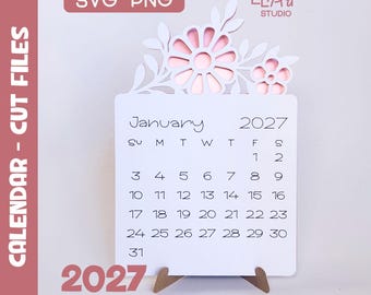 2027 Calendar SVG, Desktop Calendar SVG, Mini Desk Calendar SVG, Calendar with Flowers, Print Then Cut Calendar, 2027 Calendar Template.