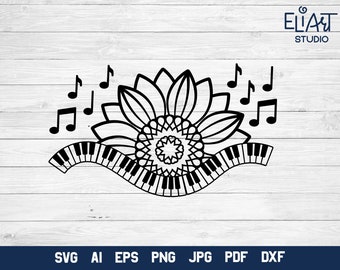 Music Keyboard SVG Design, Sunflower with Music Notes, Music PNG Floral Illustration.