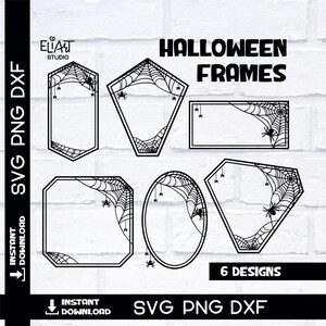 Halloween Frame SVG Bundle, Spider Web Monogram SVG, Spooky Geometric Frames with Spiders.
