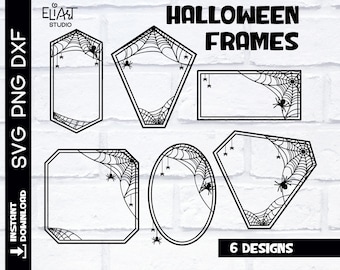 Paquete de archivos SVG de marcos de Halloween, monograma de telaraña en formato SVG, marcos geométricos espeluznantes con arañas.