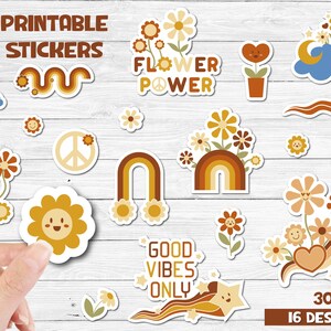 Groovy Stickers Bundle VOL.3, Hippie Printable Stickers, Retro Stickers with Flowers and Shooting Stars.
