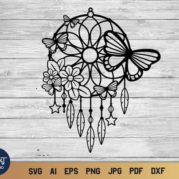 Boho Dreamcatcher SVG, Dream Catcher SVG, Butterflies SVG Summer Design.