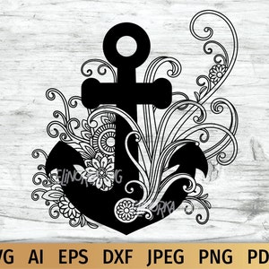 Könnte beinhalten: Schwarze und weiße Silhouette eines Ankers, umgeben von komplizierten floralen Designs. Der Anker ist ein nautisches Symbol für Hoffnung und Stabilität.