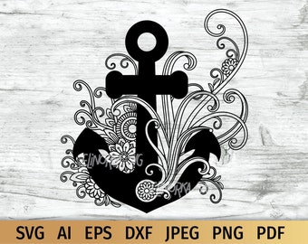 Diseño intrincado de ancla SVG, SVG náutico, SVG Zentangle floral.