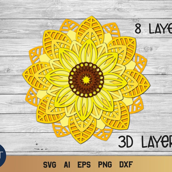 Tournesol SVG 3D stratifié, Automne SVG, Mandala SVG.