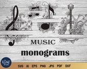 Music Split Monograms Bundle SVG, Treble Clef SVG, Music Notes SVG with Flowers.