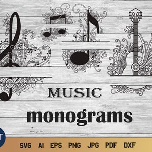 Music Split Monograms Bundle SVG, Treble Clef SVG, Music Notes SVG with Flowers.