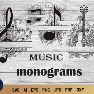 May include: Black and white digital design featuring a treble clef, a guitar, and a music note. The design includes intricate floral patterns and the text "MUSIC MONOGRAMS".