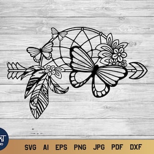 Łapacz snów w formacie SVG z motylem, łapacz snów w stylu boho ze strzałą i piórami, marzyciel w formacie SVG z motylami.