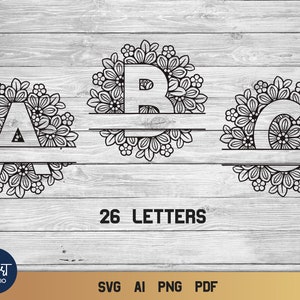 Floral Split Mandala Alphabet SVG, Floral SVG Abc, 26 Split Alphabet Letters SVG.