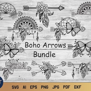 Boho Arrow Bundle SVG, Tribal Arrow SVG, Floral Arrow PNG Designs.