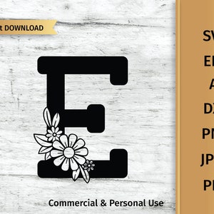 Letra floral E svg, alfabeto de flores SVG, uso comercial SVG inicial.