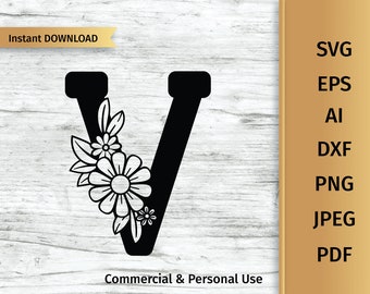 Floral Letter V svg, Monogram Letter svg, Initial svg, Commercial and Personal Use.