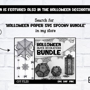 May include: Black and white digital design files for Halloween paper decorations. The design includes a spiderweb, ghosts, and lanterns. The text "HALLOWEEN PAPER DECORATIONS BUNDLE" is featured in the image.