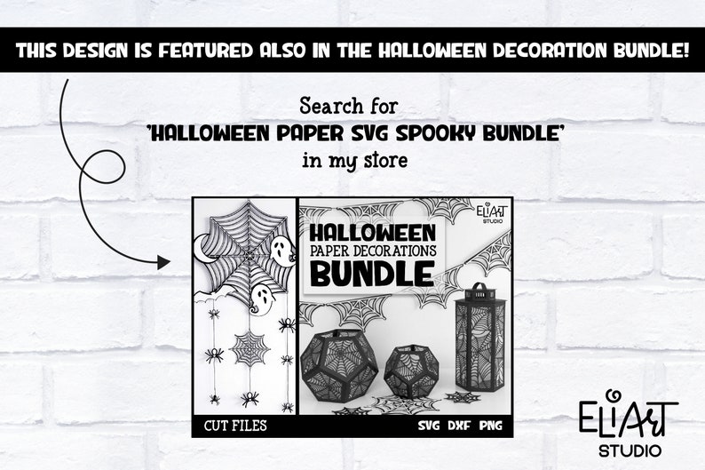 May include: Black and white digital design files for Halloween paper decorations. The design includes a spiderweb, ghosts, and lanterns. The text "HALLOWEEN PAPER DECORATIONS BUNDLE" is featured in the image.