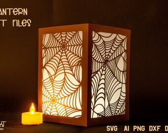 Linterna de Halloween SVG, Linterna de Halloween de papel SVG 3D, Portavelas LED de papel, Linterna con telaraña.