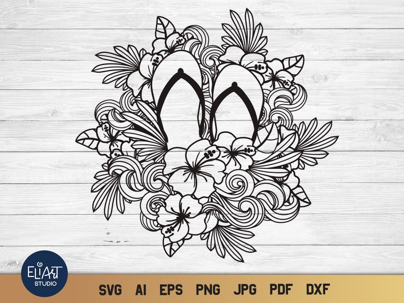 May include: Black and white line art illustration of a pair of flip flops surrounded by tropical flowers and leaves.