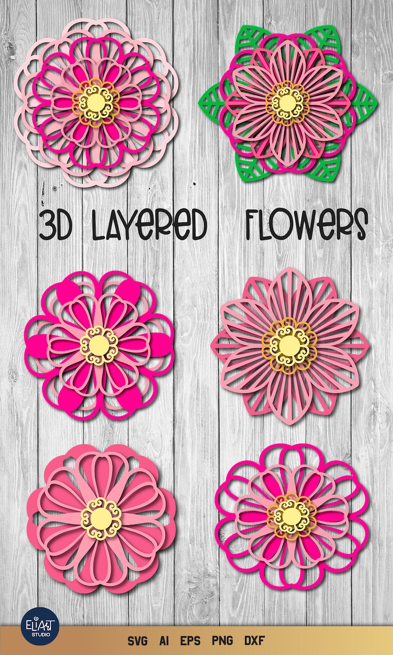 3D Layered SVG Floral Bundle, Flower Mandala SVG, 6 Floral Designs Compatible with Cricut and Silhouette Cutting Machines