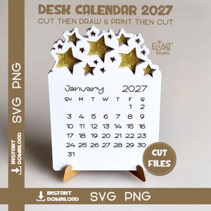 2027 Calendar SVG, Desktop Calendar SVG, Mini Desk Calendar SVG, Calendar with Stars, Print Then Cut Calendar, 2027 Calendar Template.