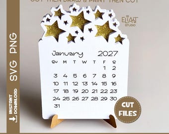 Calendario 2027 SVG, Calendario de escritorio SVG, Mini calendario de escritorio SVG, Calendario con estrellas, Calendario para imprimir y recortar, Plantilla de calendario 2027.