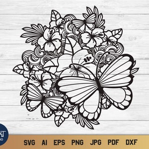 Butterflies SVG Tropical Design, Summer Mandala SVG, Hibiscus SVG and Tropical Leaves.