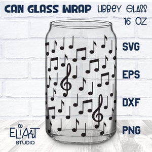Music Libbey Can Glass SVG, Musical Notes Beer Glass Can Wrap, 16 OZ Libbey Glass PNG.