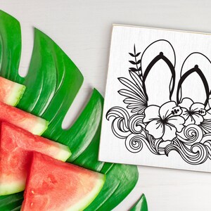 Summer Flip Flops SVG with Hibiscus Flower and Ocean Waves Design for T-shirts, Pillows, Mugs, Tote bags and Wall art. This Hawaiian Beach Design is Compatible with Cricut and Silhouette Cutting Machines