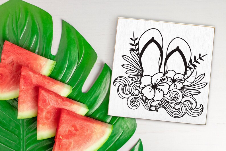 Summer Flip Flops SVG with Hibiscus Flower and Ocean Waves Design for T-shirts, Pillows, Mugs, Tote bags and Wall art. This Hawaiian Beach Design is Compatible with Cricut and Silhouette Cutting Machines