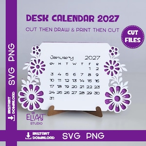 Calendario 2027 SVG, Calendario de escritorio SVG, Mini calendario de escritorio SVG, Calendario con flores, Calendario para imprimir y recortar, Plantilla de calendario 2027.