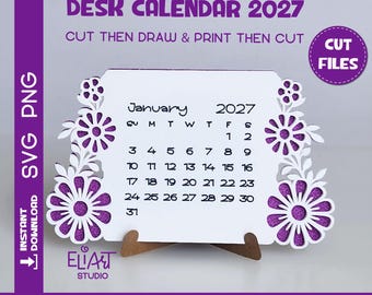 Calendario 2027 SVG, Calendario de escritorio SVG, Mini calendario de escritorio SVG, Calendario con flores, Calendario para imprimir y recortar, Plantilla de calendario 2027.