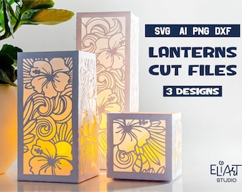 Linterna tropical SVG, linterna floral de hibisco 3D SVG, portavelas LED floral de verano.