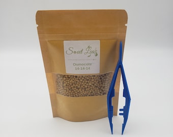 May include: A brown paper bag filled with small, round, tan Osmocote fertilizer pellets. A blue plastic tweezer tool is positioned to the right of the bag. The bag has a label with the text "Sweet Leaf Succulents" and "Osmocote 14-14-14".