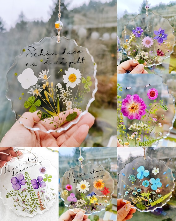 AUF BESTELLUNG Wandhänger Dekohänger mit echten Blumen Harz Boho Vintige Fensterdeko Sonnenfänger Fensterkunst Fenstersonnenfänger Botanics