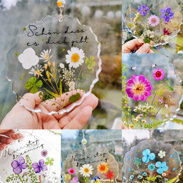 AUF BESTELLUNG Wandhänger Dekohänger mit echten Blumen Harz Boho Vintige Fensterdeko Sonnenfänger Fensterkunst Fenstersonnenfänger Botanics