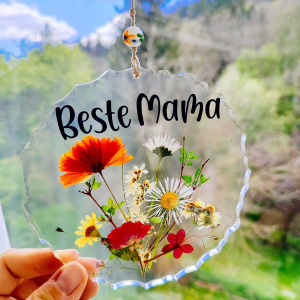 Wandhänger Beste Mama Dekohänger mit echten Blumen Harz Boho Vintige Deko Fensterdeko Sonnenfänger Fensterkunst Geschenk für Mama Freundin