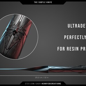 May include: A detailed 3D model of a knife with a black and silver finish. The knife is 10 inches long and has a intricate design on the handle. The model is ready for resin printing.
