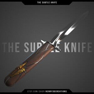 May include: A silver knife with a wooden handle featuring a gold butterfly design. The knife is called "The Subtle Knife".