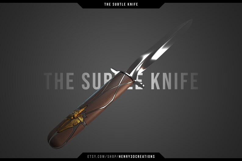 May include: A silver knife with a wooden handle featuring a gold butterfly design. The knife is called "The Subtle Knife".