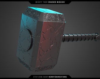 Cracked Mjolnir Thor Hammer. 3D Printable STL file. Mighty Thor Hammer. Solid and Hollow version.