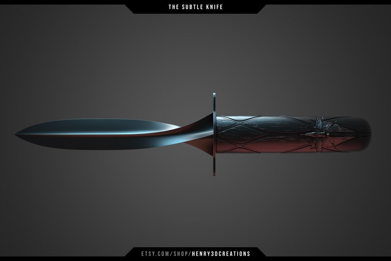 May include: A black knife with a curved blade and a wooden handle with a decorative design. The handle has a dark wood finish with a pattern of diamonds and a small metal design at the end. The knife is labeled "The Subtle Knife".