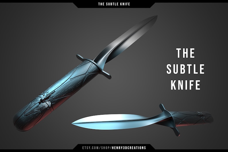 May include: A black and silver knife with a textured handle and a sharp point. The knife is called "The Subtle Knife".