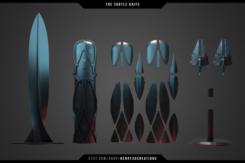 May include: A disassembled metal knife with a unique design. The knife is made up of multiple pieces, including a blade, handle, and a decorative stand. The knife is a dark blue color with a metallic finish.
