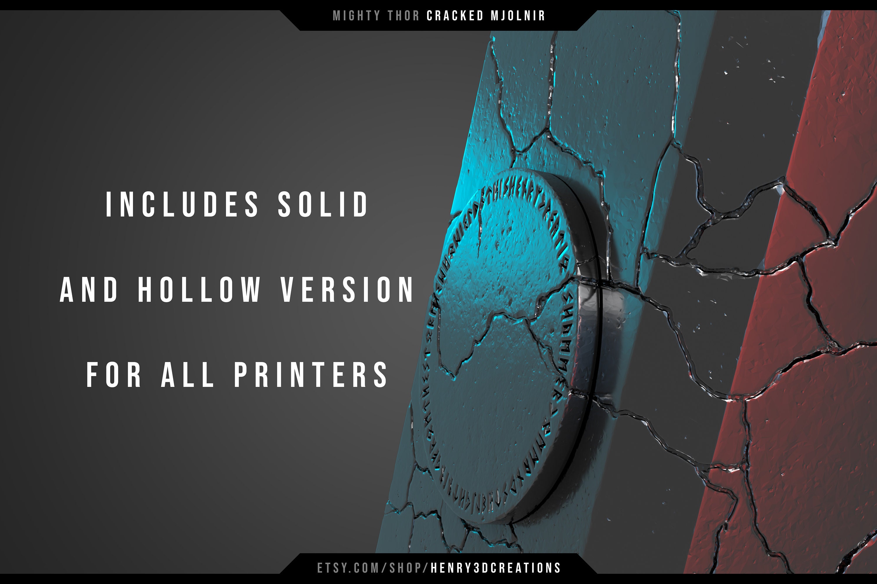 Cracked Mjolnir Thor Hammer. 3D Printable STL File. Mighty Etsy Finland